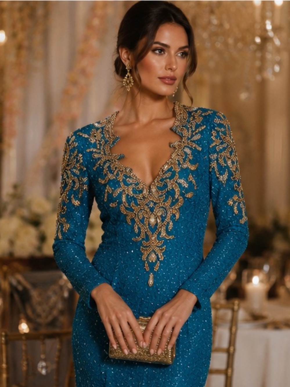 JV Collection Beaded Silk Evening Gown – Teal Formal Prom Dress Size 16